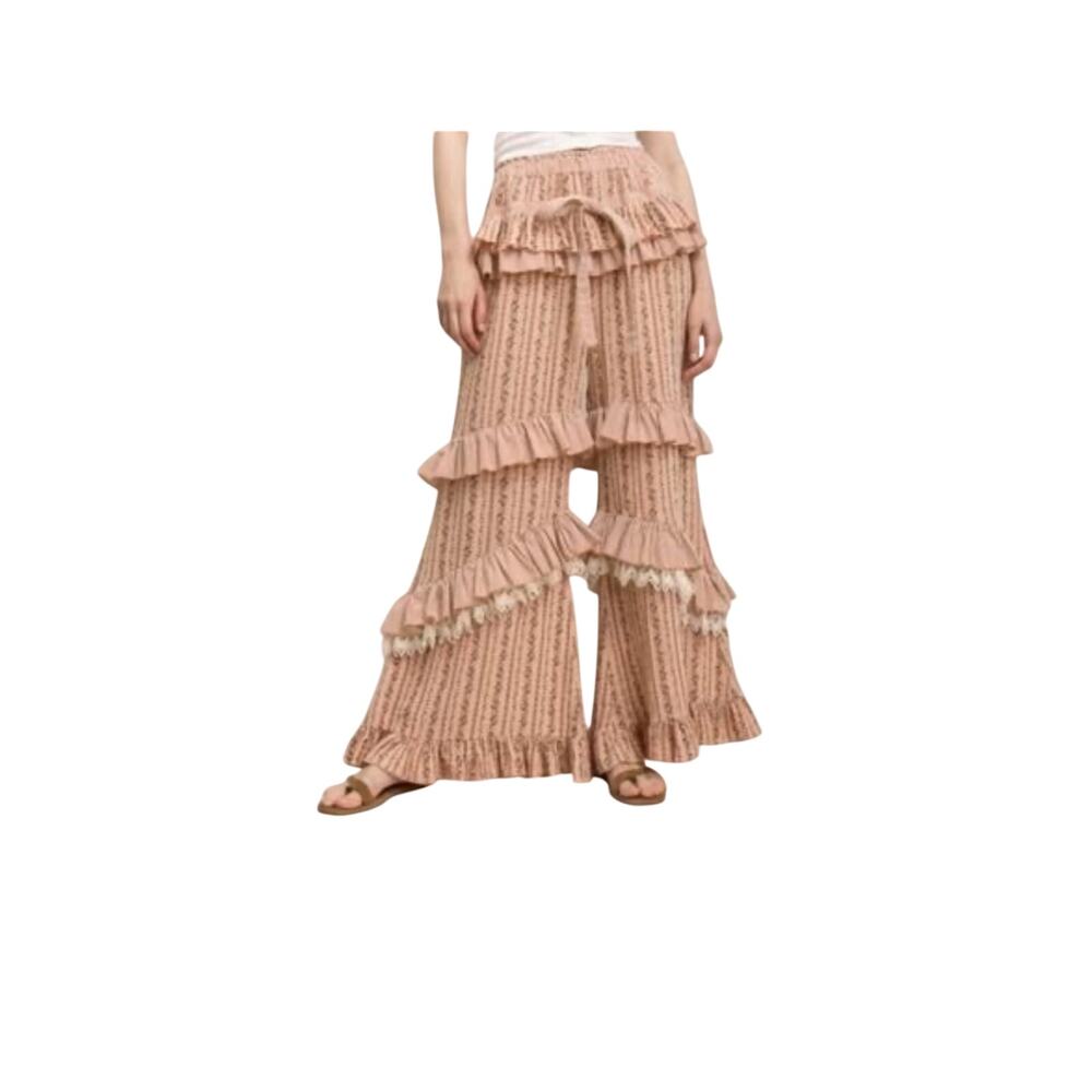 Blue Velvet Floral Tiered Ruffle Wide-Leg Pants S